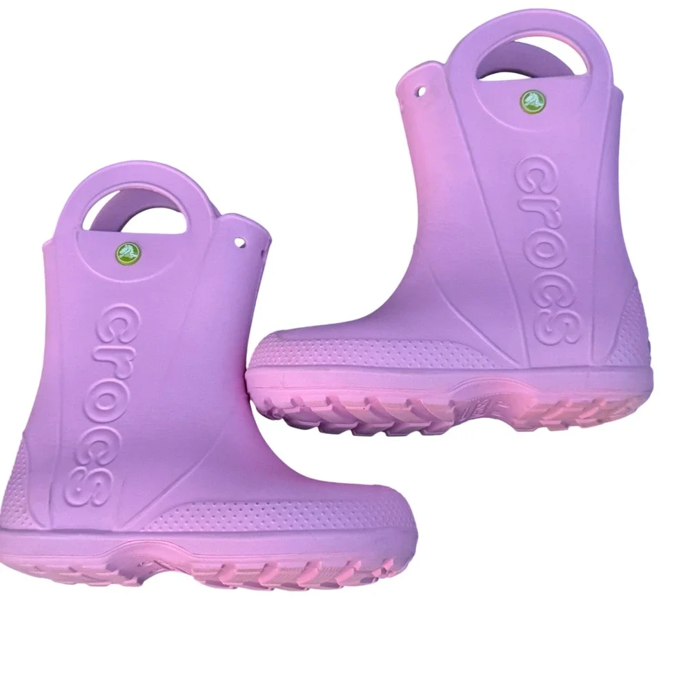 Crocs Handle It Rain Boots Kids Junior 2 Pink Waterproof Lightweight Pull On J2